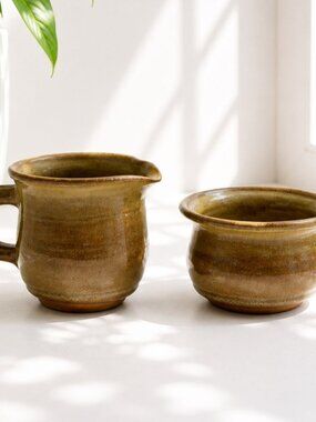 Vintage Brown Glazed Ceramic Creamer & Sugar Bowl Set Handmade Rustic Pottery